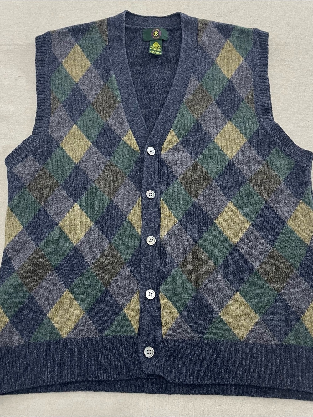 Club Room Argyle Vest Mens Navy Blue Sz L Pure Lambs Wool V Neck Hong Kong